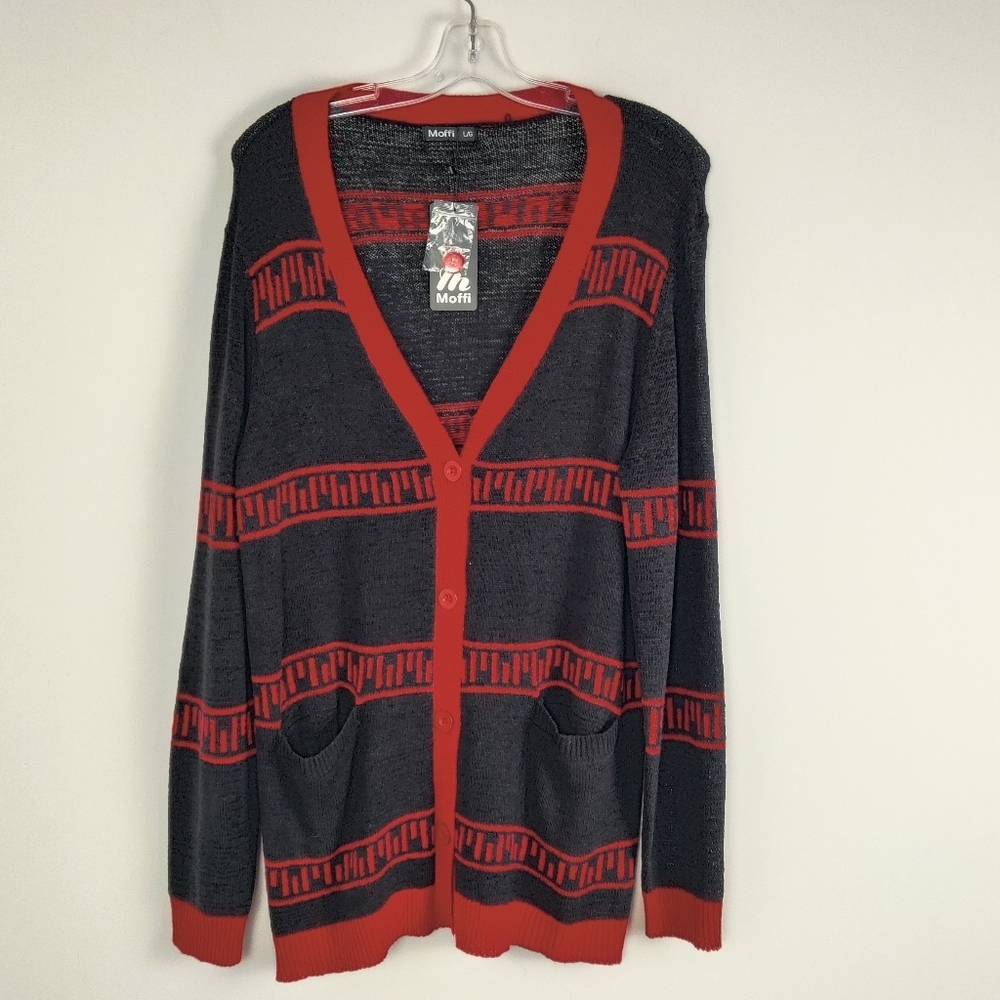 Moffi Textured Knit Cardigan with Graphic Accents - Size L NEW Black Red
